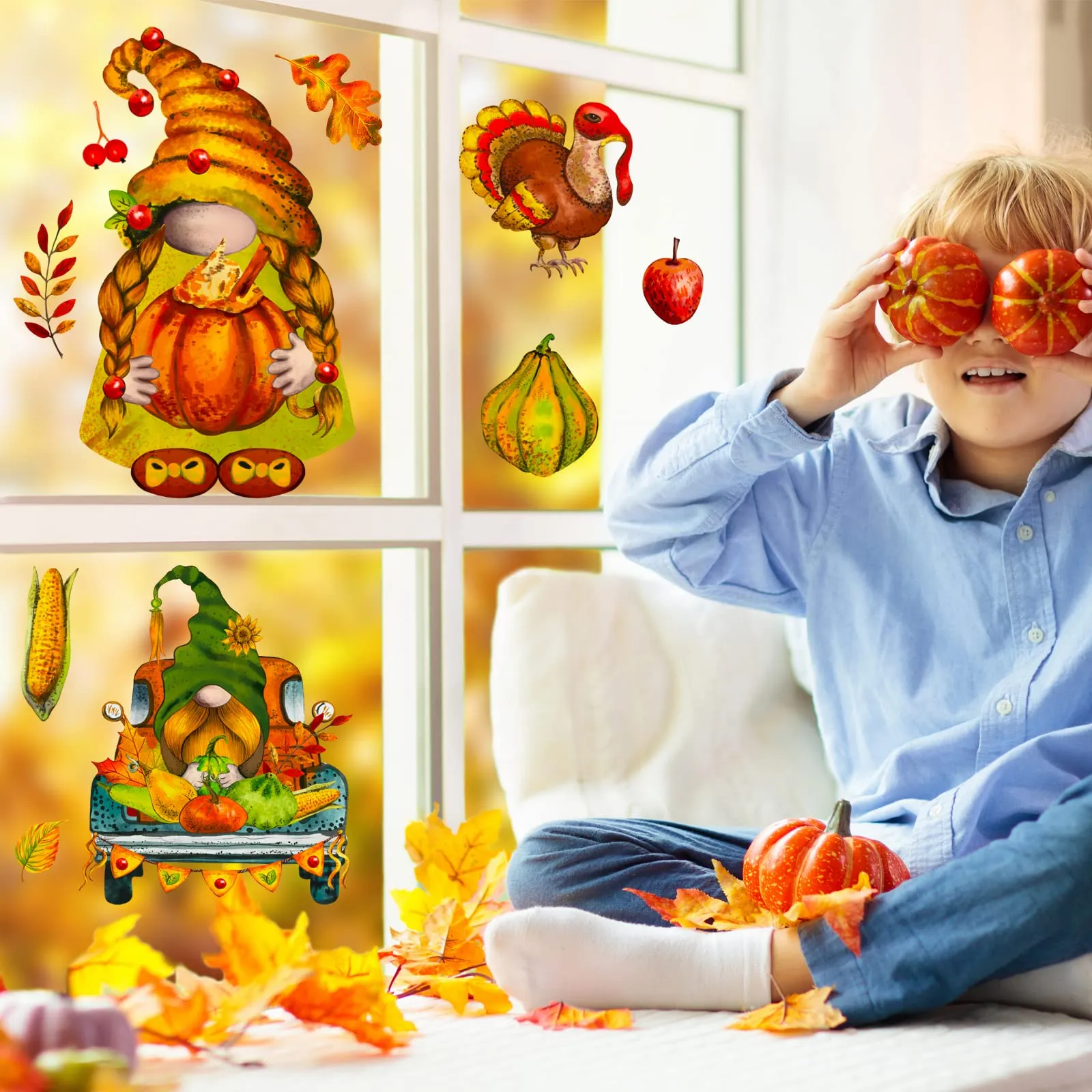 fall window clings 9 sheets thanksgiving gnome window decals for glass windows autumn maple leaves for home decorations