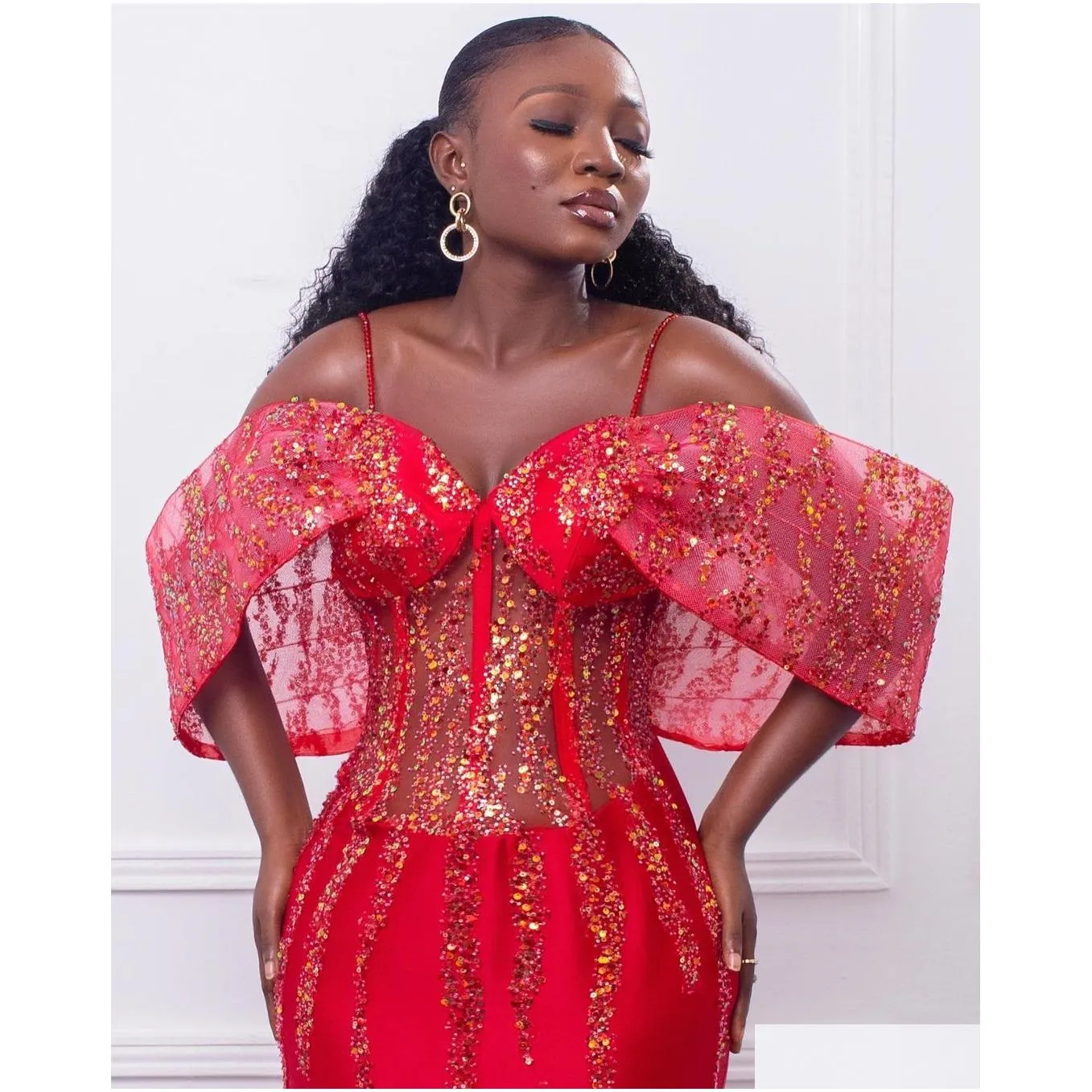 2022 arabic aso ebi red mermaid prom dresses sequined beaded evening formal party second reception birthday engagement bridesmaid gowns dress