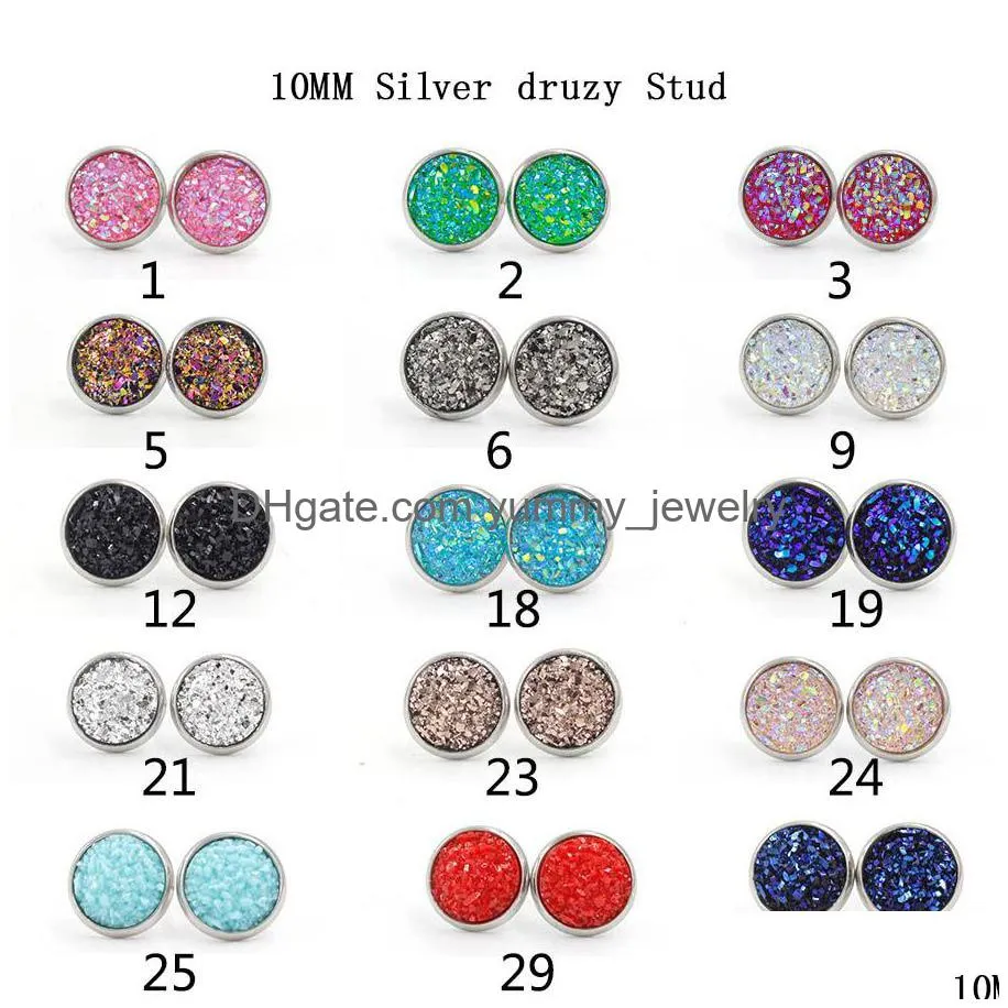 Stud Bk Women Druzy Stud Earrings Round And Heart Shape Resin Stone Drop Stainless Steel Hypoallergenic For Female Fashion Drop Delive Dhckl