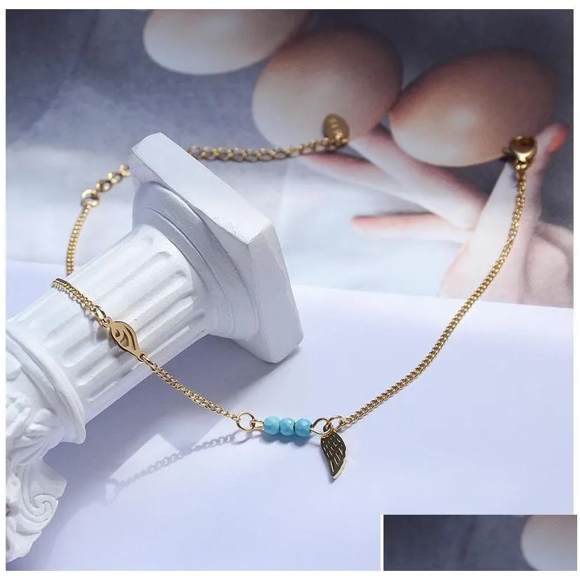 Anklets Handmade Simple Stainless Steel Turquoise Beads Hollow Wings Link Chain Bracelet Anklet For Drop Delivery Jewelry Dhuvg