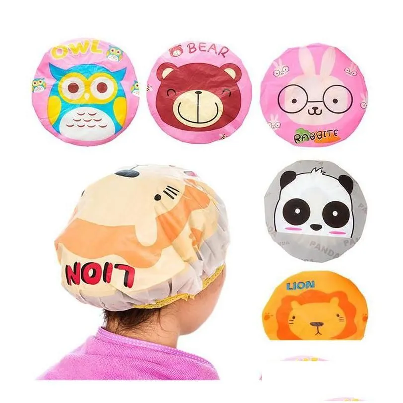 Shower Caps Cartoon Animal Baby Cap Kids Hair Pvc Reusable Bonnet Sauna Bathroom Products Waterproof For Women Drop Delivery Home Ga