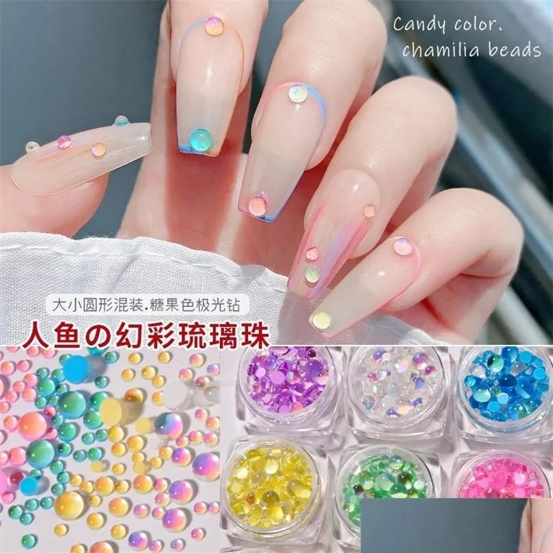 candy colors mixed size mermaid round glass crystal beads ab 3d nail art diy flatback acrylic stones decorations 220718