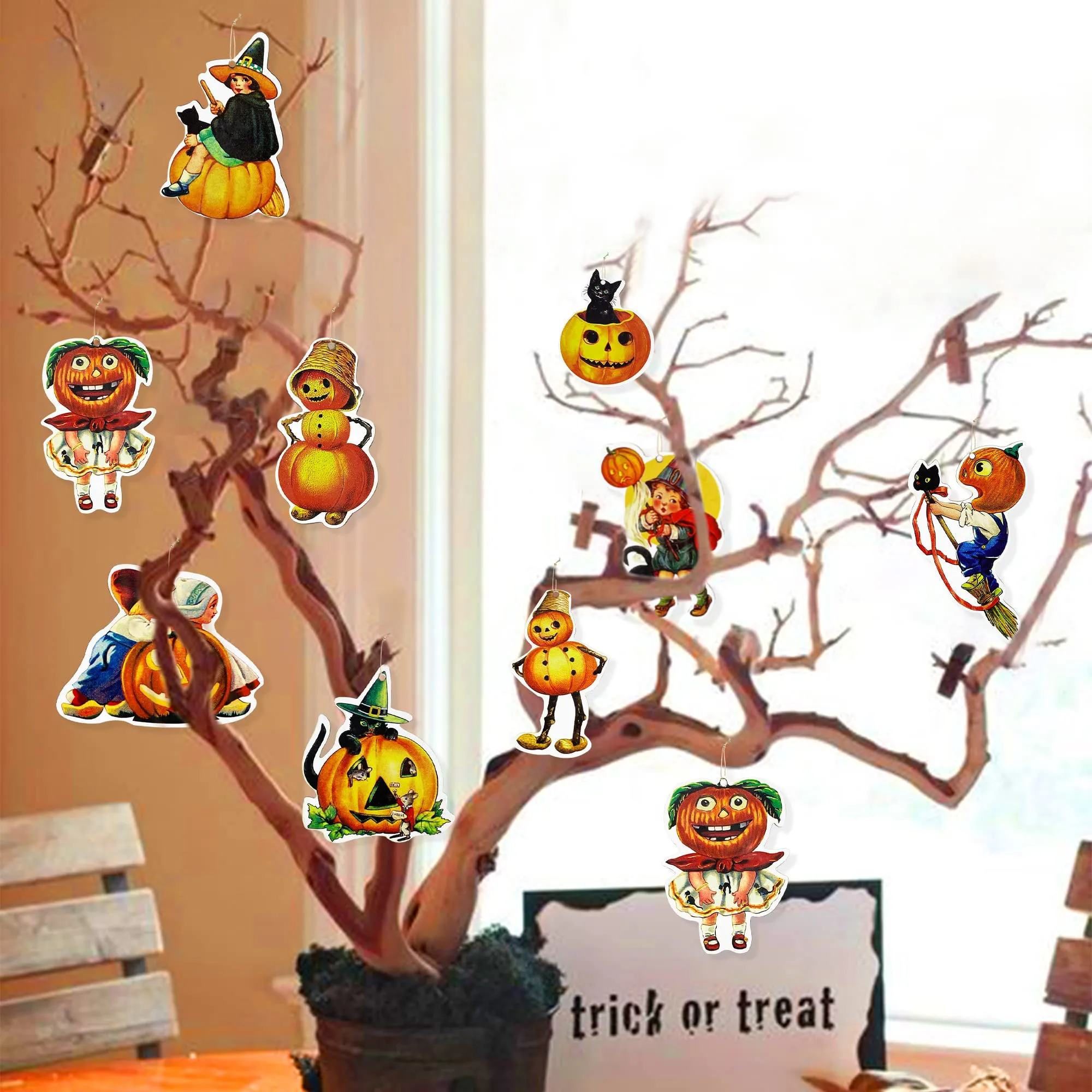 halloween tree ornaments vintage pumpkin witches kids hanging wooden ornaments retro black cat pendant garland banner for weird halloween fall holiday tree home party tree decorations supplies