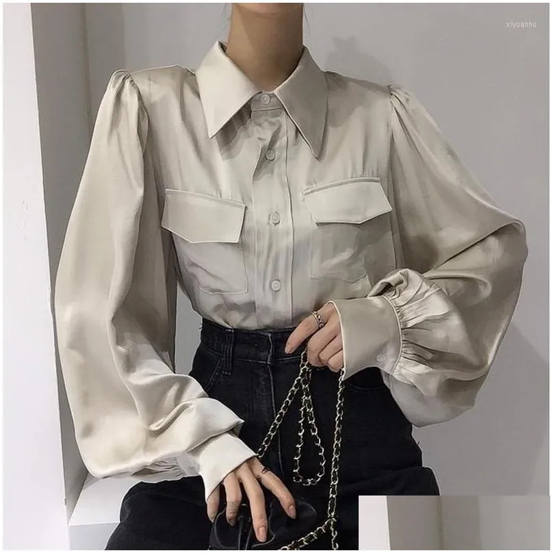 womens blouses single breasted shirts women vintage lantern sleeve woman fashion turndown collar office work tops 18159