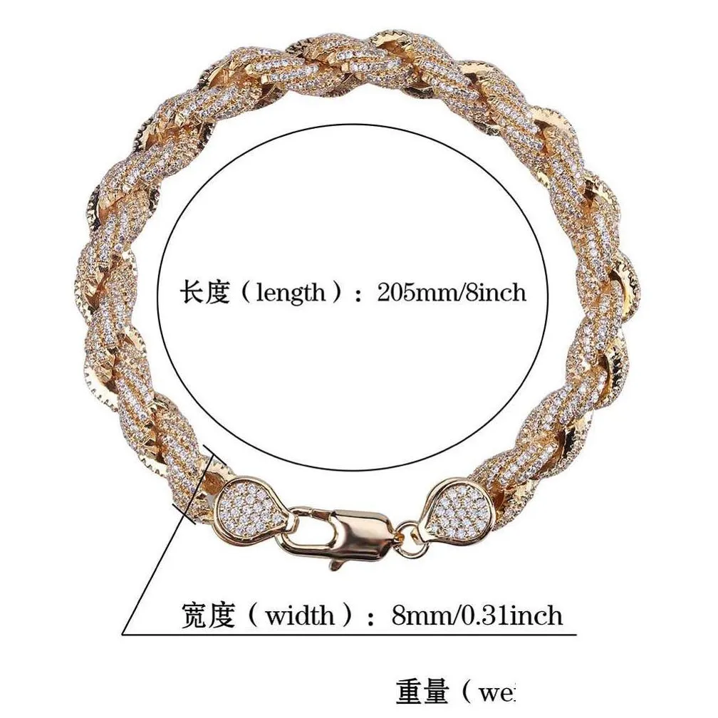 Bangle Fl Cz Zircon Paved Ice Out Twist Rope Link Chain Bracelets For Men Bling Rapper Jewelry Gold Sier Drop Delivery Jewelry Bracele Dhlqi