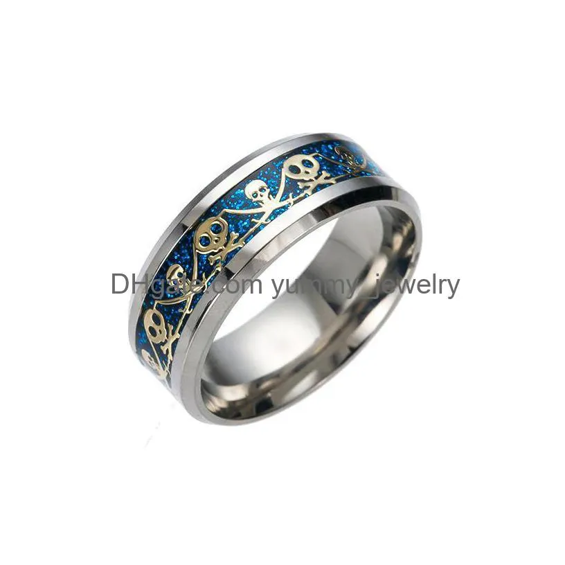 Band Rings New Stainless Steel Pirate Style Mens Rings Punk Skl Skeleton Knife Pattern Titanium Ring For Women Fashion Jewelry Drop De Dhkhu