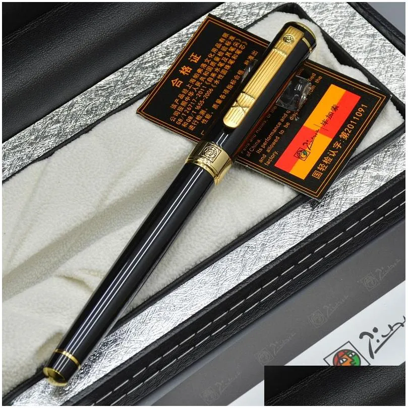 Ballpoint Pens Wholesale Luxury Picasso 902 Rollerball Pen Black Golden Plating Engrave Roller Ball Business Office Supplies Writing S Dhd8V