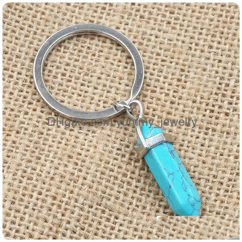 Keychains & Lanyards Bk Natural Stone Keychains Hexagonal Prism Quartz Point Healing Crystals Chakra Key Chains Diy Jewelry Accessorie Dhxjf