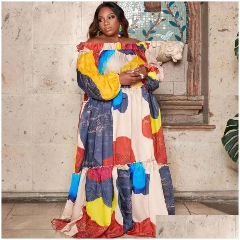 DHgate African Print Kaftan Dress for Women Plus Size Loose Sexy Digital Printing Nigerian Drop Waist Maxi Dress Apparel