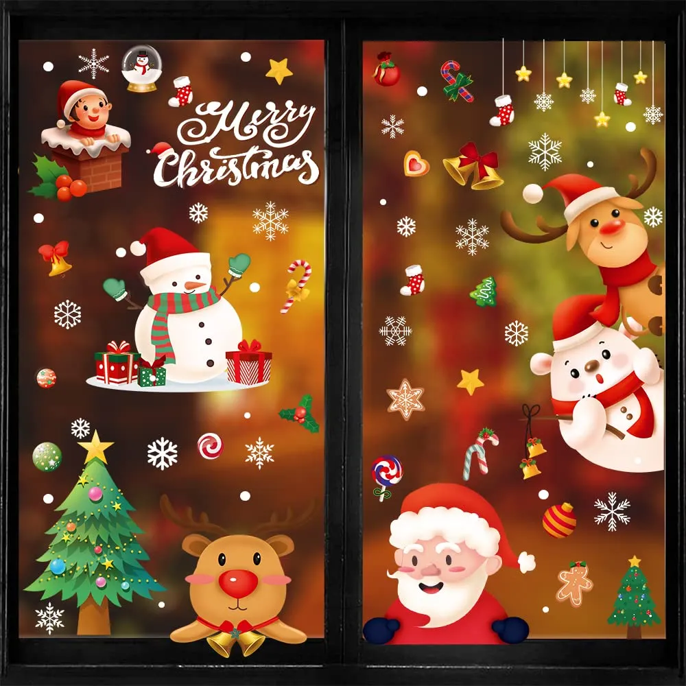 8sheets chirstmas window clings xmas santa claus reindeer window stickers decals for christmas window decoration