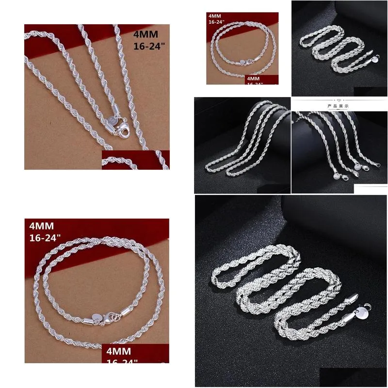 Chains Chains 925 Sterling Sier 16/18/20/22/24 Inch 4Mm Twisted Rope Chain Necklace For Women Man Fashion Wedding Charm Jewelry Drop D Dhcll