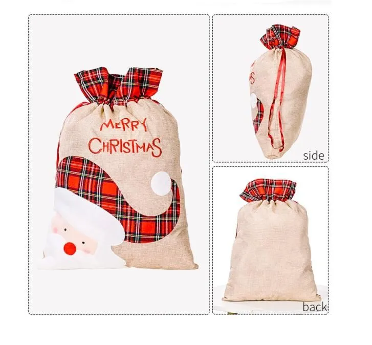 Linen Santa Sack Christmas Gift Bag Red Plaid Drawstring Tote Bags Festival Decoration SN4177