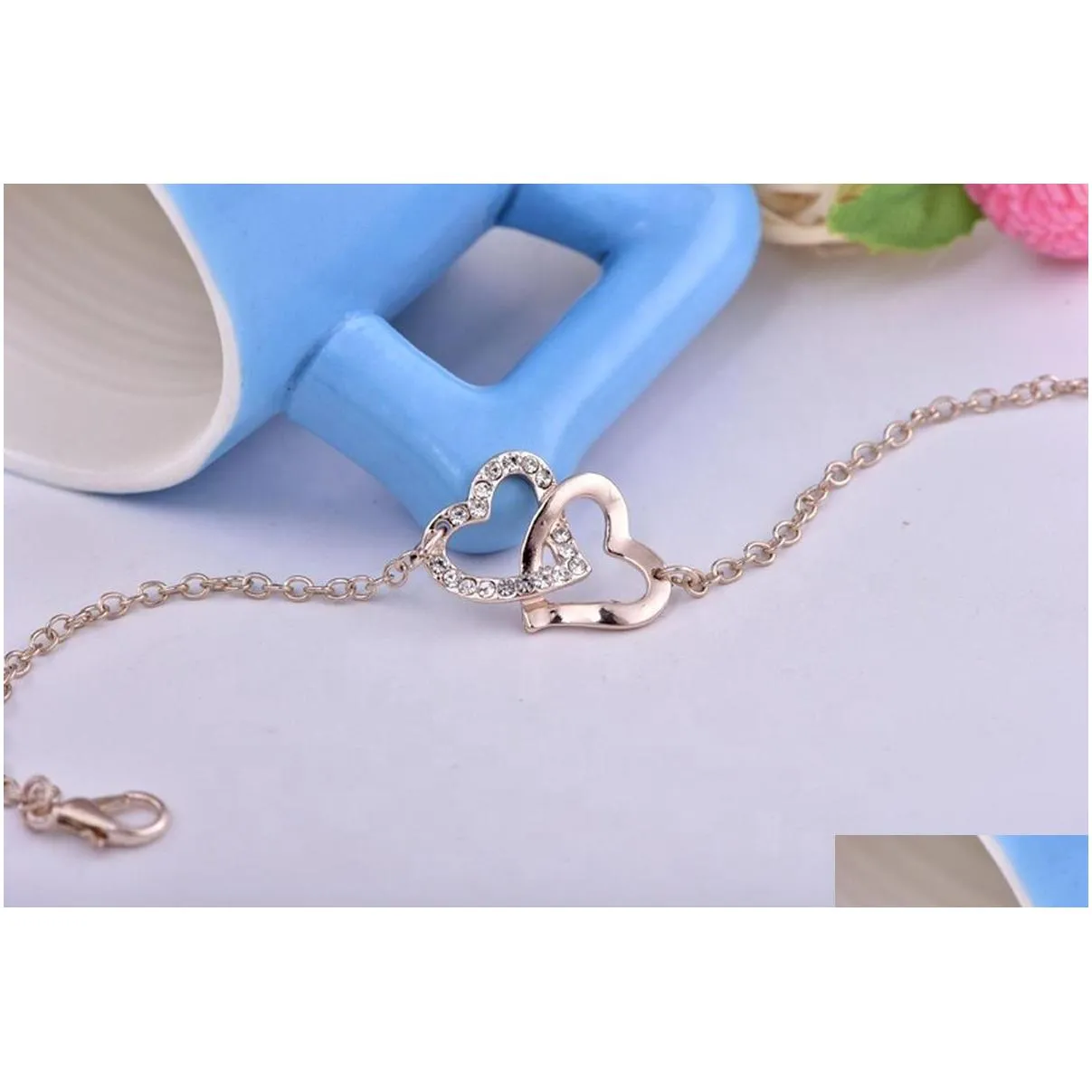 Pendant Necklaces New Rose Gold Double Heart Crystal Alloy Bracelet Drop Delivery Jewelry Necklaces Pendants Dhsqb