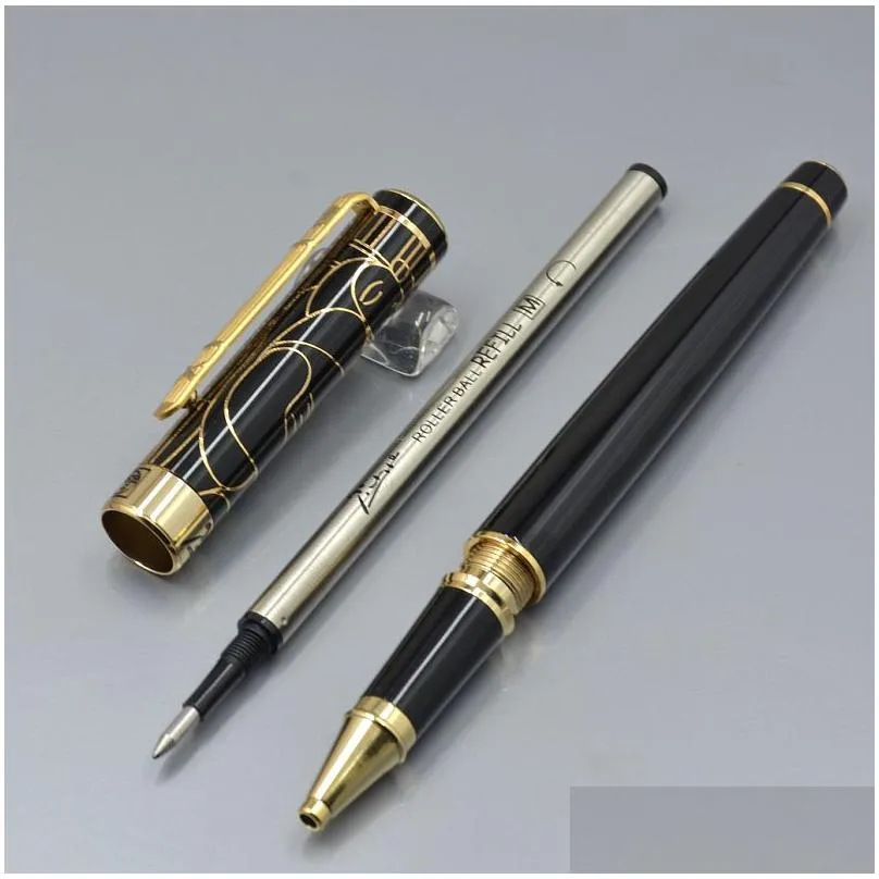 Ballpoint Pens Wholesale Luxury Picasso 902 Rollerball Pen Black Golden Plating Engrave Roller Ball Business Office Supplies Writing S Dhd8V