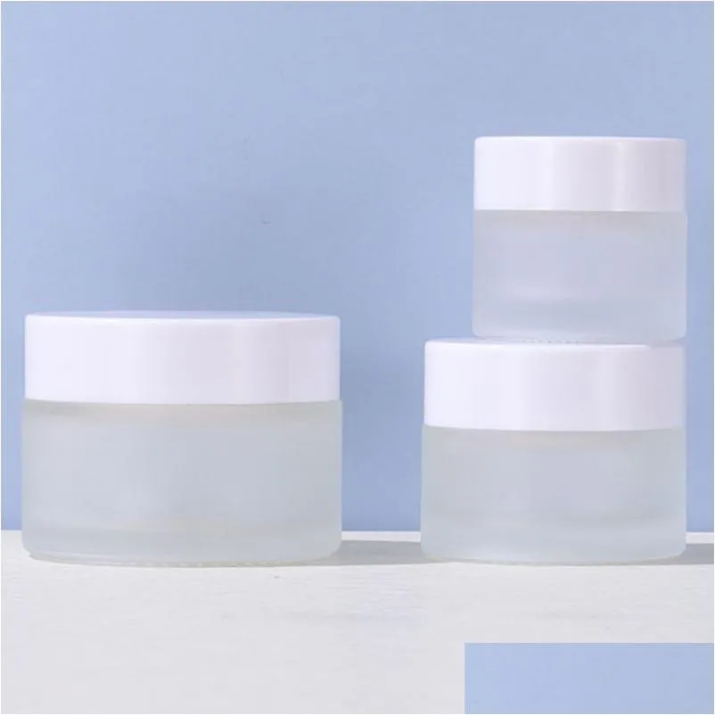 frosted glass cream jar cosmetic bottle lotion lip balm container with white lid 5g 10g 15g 20g 30g 50g 100g