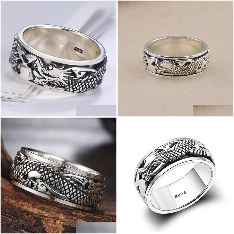 Band Rings 925 Sterling Sier Jewelry Men Women Black Vintage Rotatable Dragon Engagement Ring Couple Drop Delivery Jewelry Ring Dhvbc