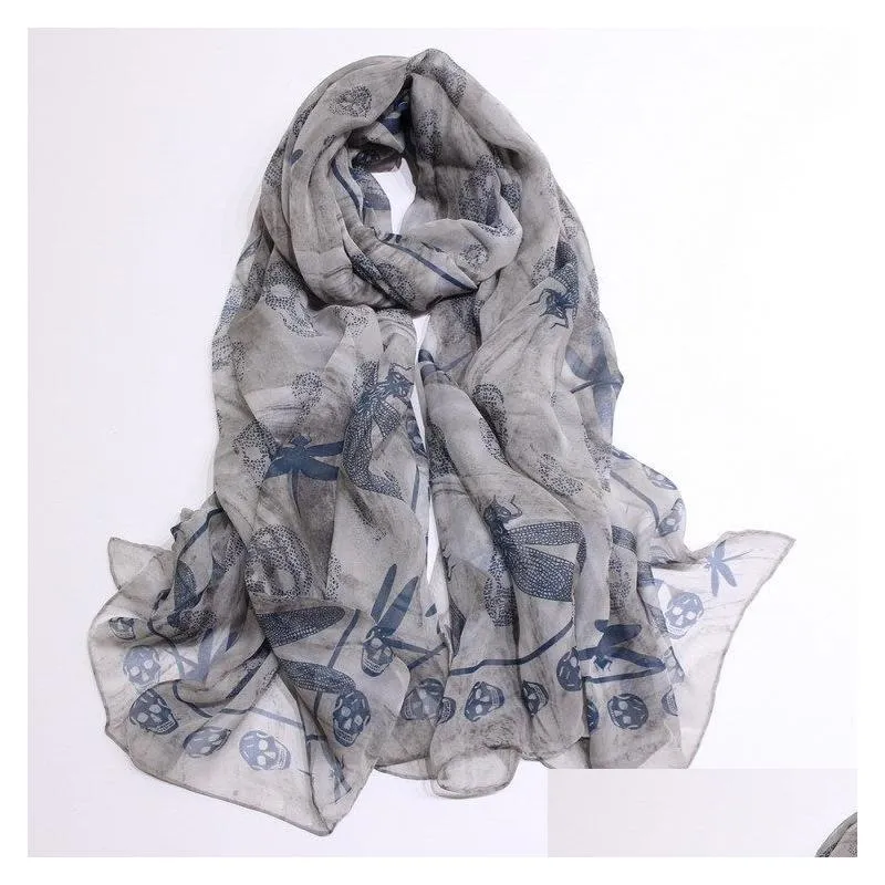 Scarves New Lady Sunshade Dragonfly Skl Silk Scarf Long Towel 100% Chiffon Super Drop Delivery Fashion Accessories Hats, Scarves Glove Dhj5C