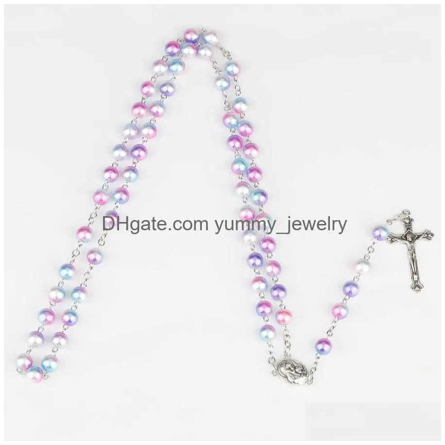 Pendant Necklaces 12 Colors Relin Rosary Necklace For Women Christian Virgin Mary Jesus Cross Pendant Long Beads Chains Fashion Jewelr Dhu83