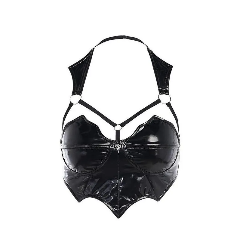 bras sets women gothic black leather crop top bat shape punk y backless bodycon lingerie night club wear chest harness camisolebras