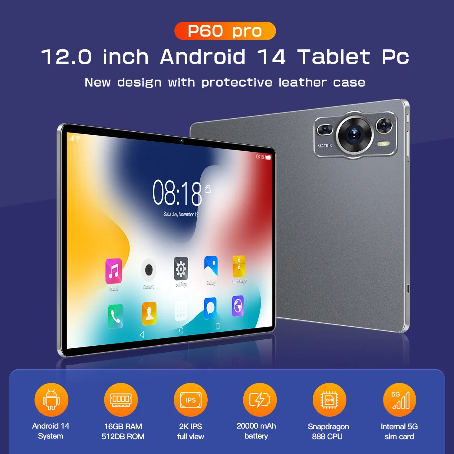 Brand Touch Tablet Android P60 Pro Global Tablette 12.0 Inch HD 16G+512GB snapdragon 888 5G Dual SIM Card or WIFI Google Play