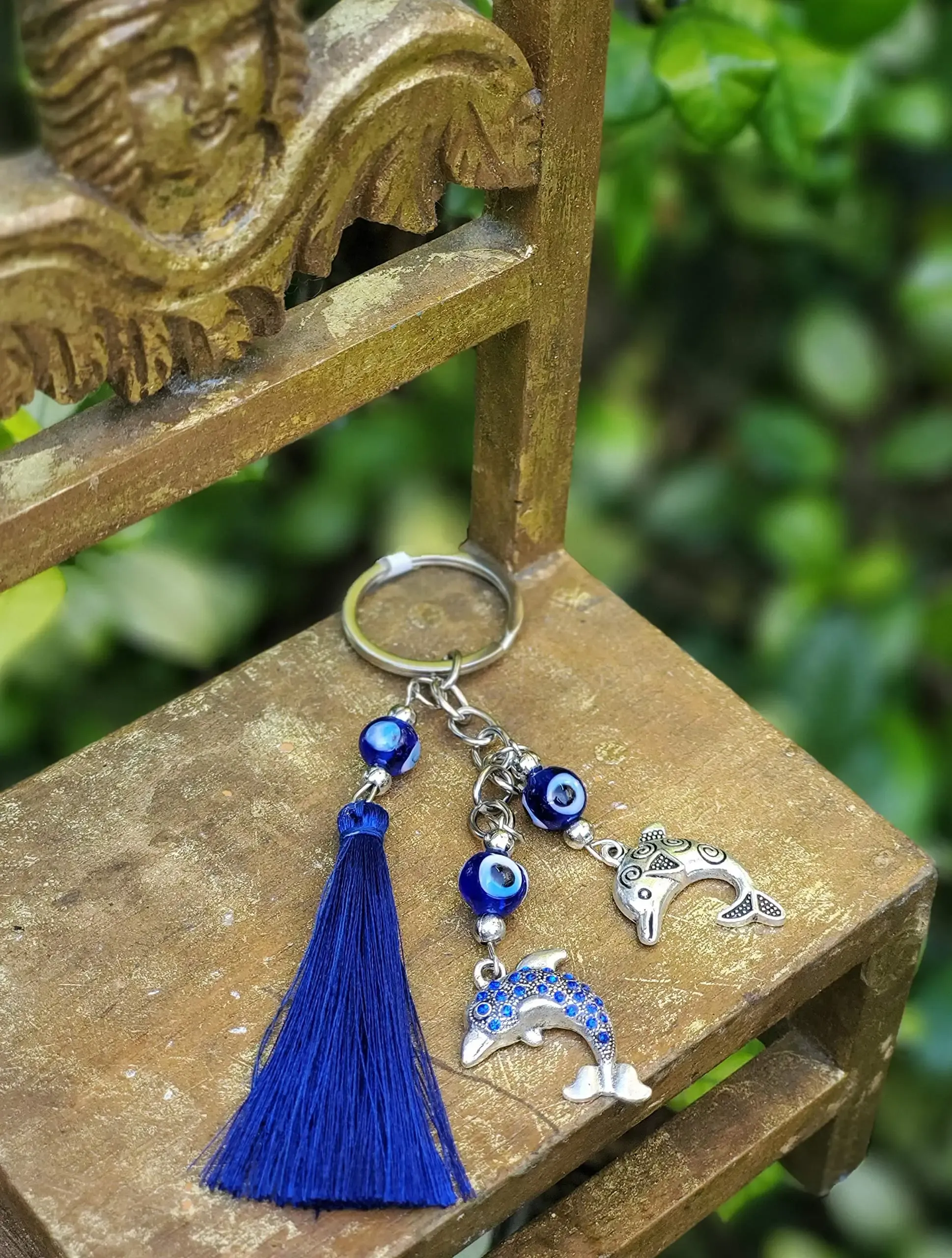 3ml 2 silver  and blue tassel lucky keychain w/3 lucky evil eyes sign of protection intelligence compassion home bags car rear view mirror hanging accessories 2 x 5