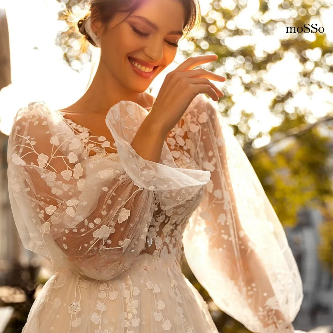 Floral V Neck Wedding Dresses Long Sleeves Beading Lace Appliques Bridal Gowns Backless Buttons Vestido De Novia