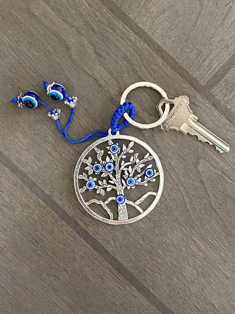 3ml lucky tree of life and wisdom w/evil eye good luck keychain ring charms for good luck protection strength home hanging ornament rear view mirror accessories gift for men women