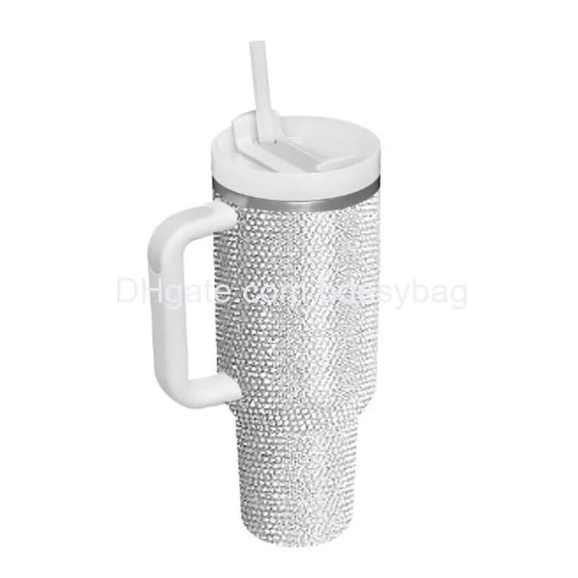 commuter travel mugs 50pcs 40oz handle insated with lids and sts stainless steel coffee tumbler termos cups inlaid rhinestones that