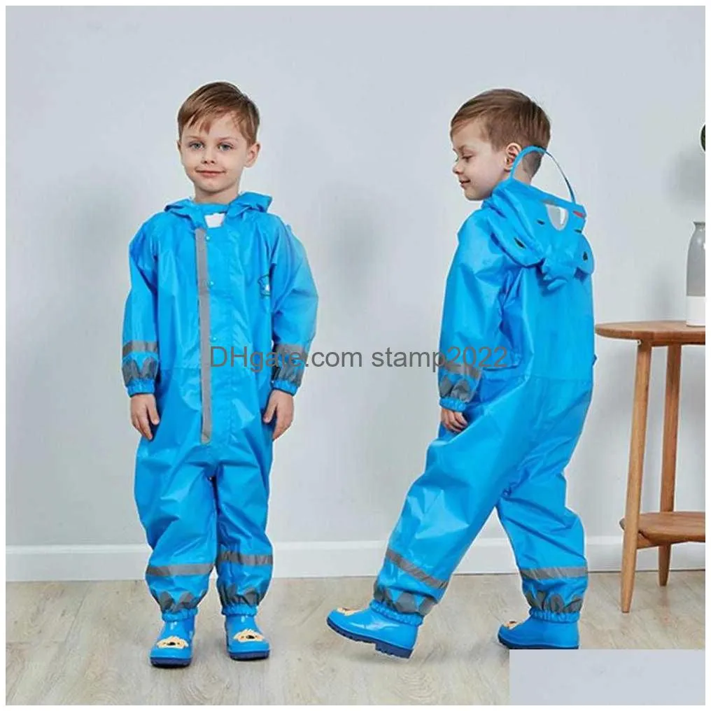 waterproof raincoat kids one piece rainwear cartoon animal rain et reflective strip hooded poncho coveralls l230620