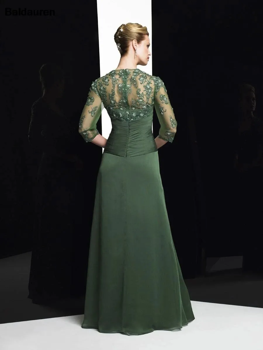 Dark Green Chiffon Mother Of The Bride Dresses With 3/4 Long Sleeves Lace Beaded Pleated Women Formal Evening Gowns Long A Line Groom Mother`s Dress For Wedding CL2126