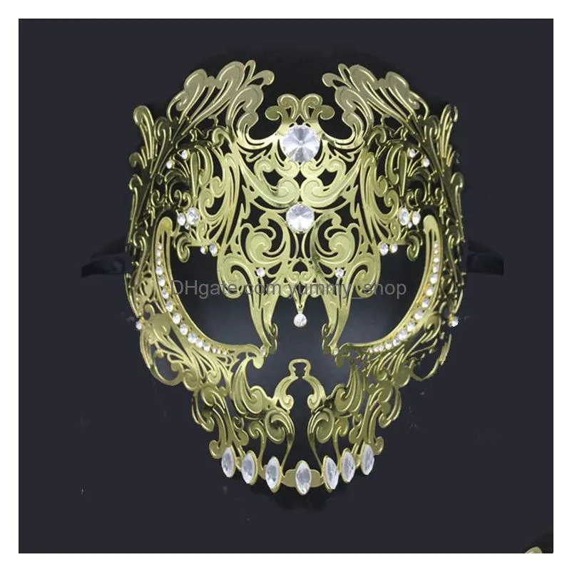 wholesale- black full face skull men women metal laser cut silver masquerade party masks gold red ball rhinestone prom venetian mask