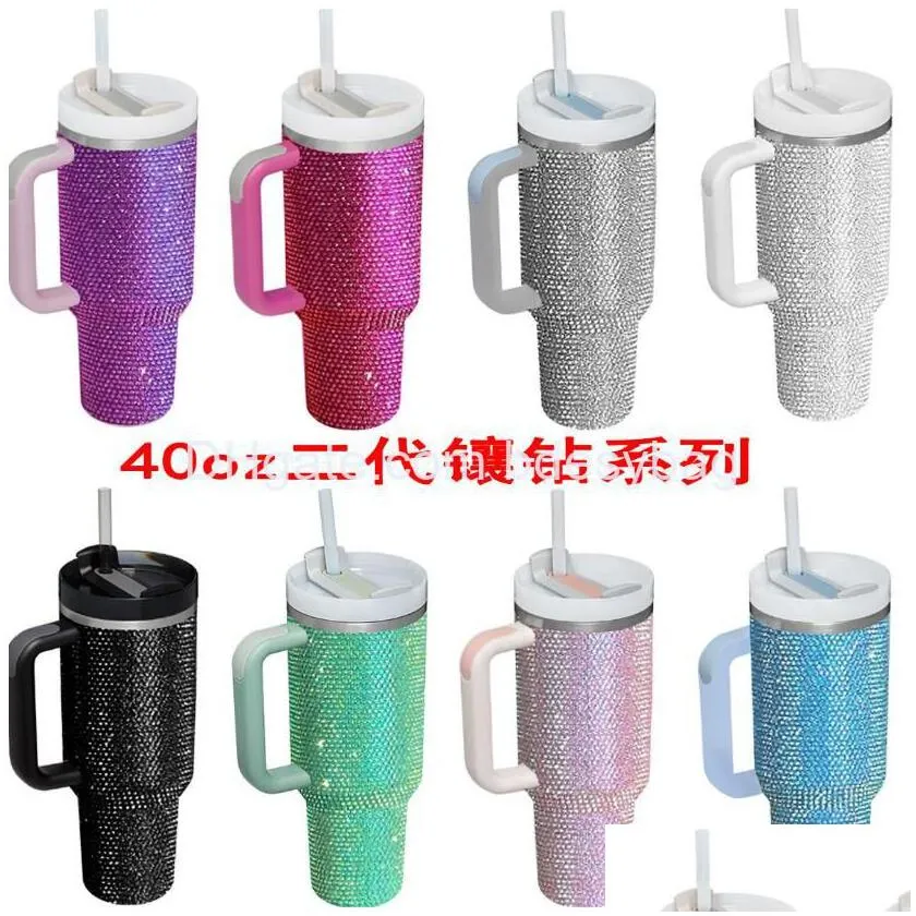 commuter travel mugs 50pcs 40oz handle insated with lids and sts stainless steel coffee tumbler termos cups inlaid rhinestones that