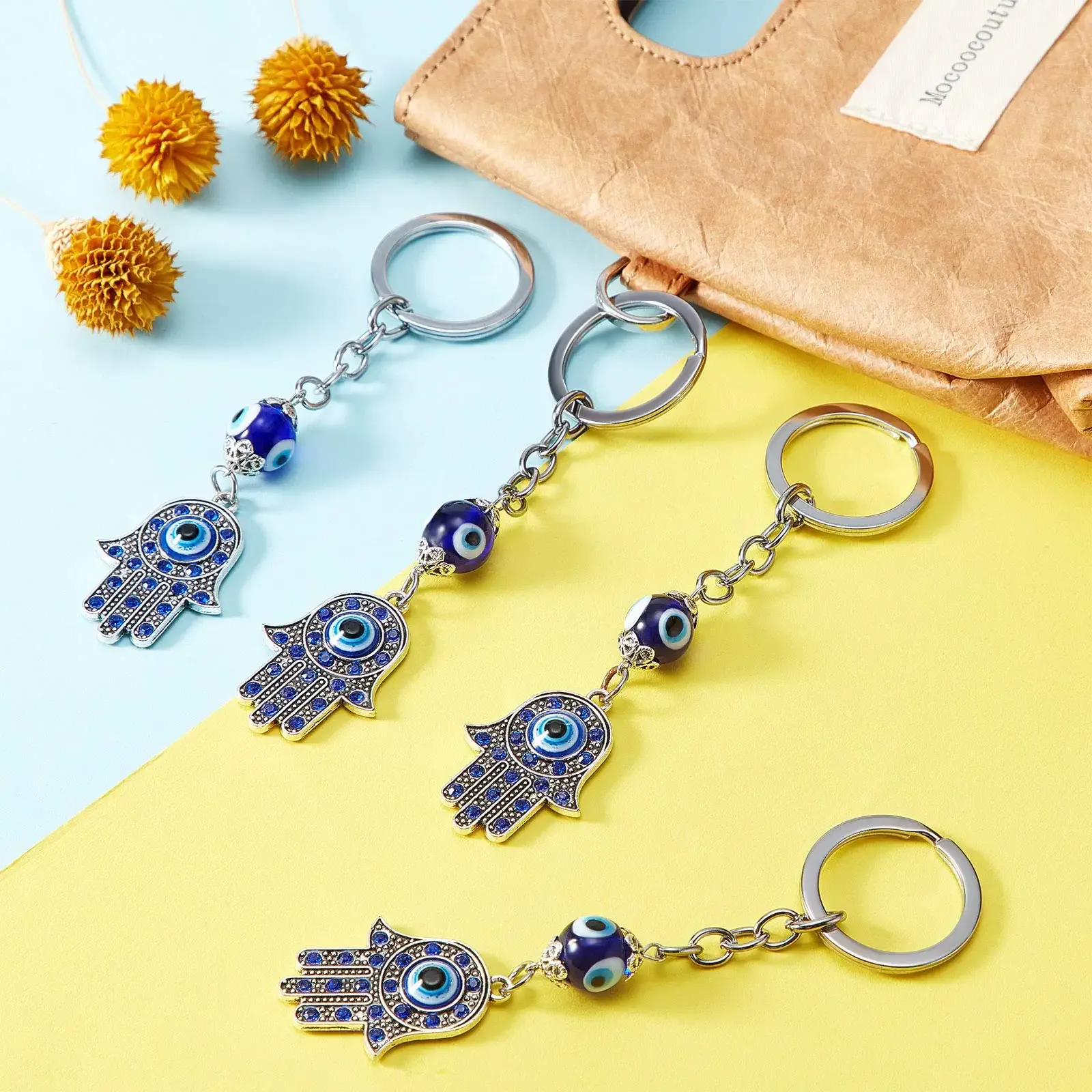 3ml hamsa hand keychain evil eye silver keychain fatima protection charms blue good luck key holder for attaching to keys and bags