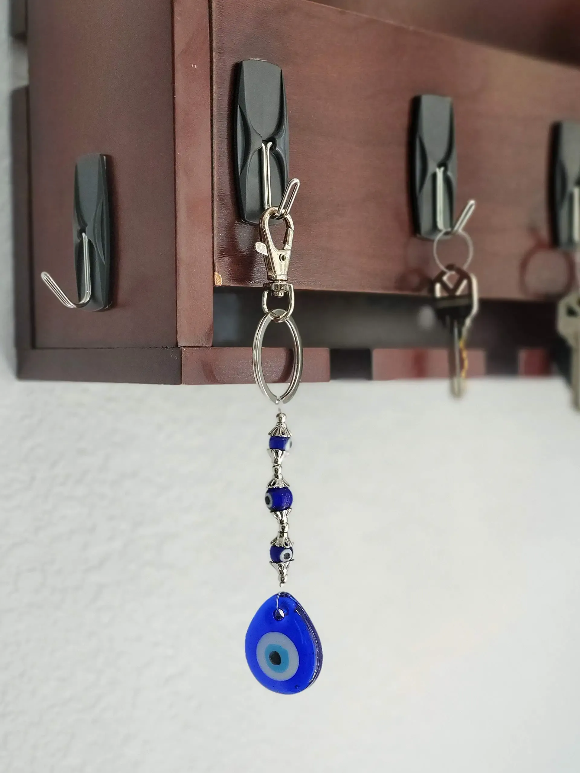3ml lucky blue glass evil eye keychain ring w/ 3 bead evil eyes sign of good luck and protection home keys purse bags and rear view mirror hanging accessories gift for men women