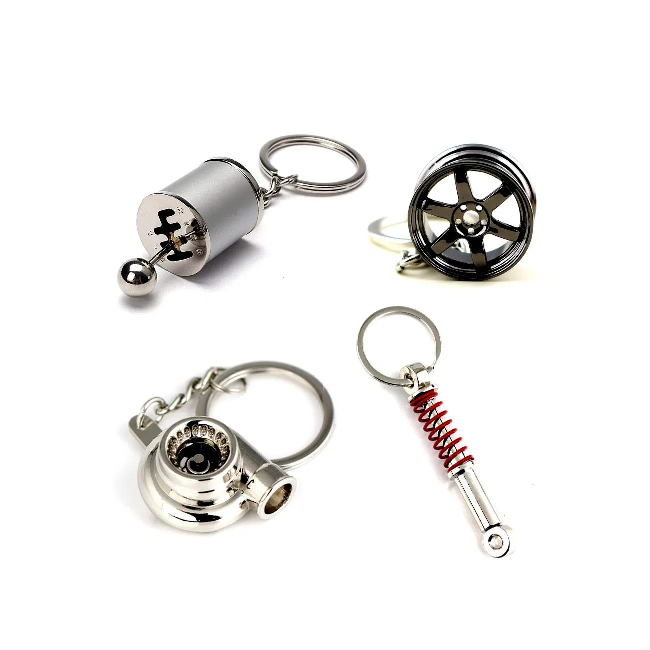 3ml car parts model key chains colorful turbo keychain black manual gearbox keychain colorful tire rim keychain blue brake rotor keychain red spring shockabsorber keychain