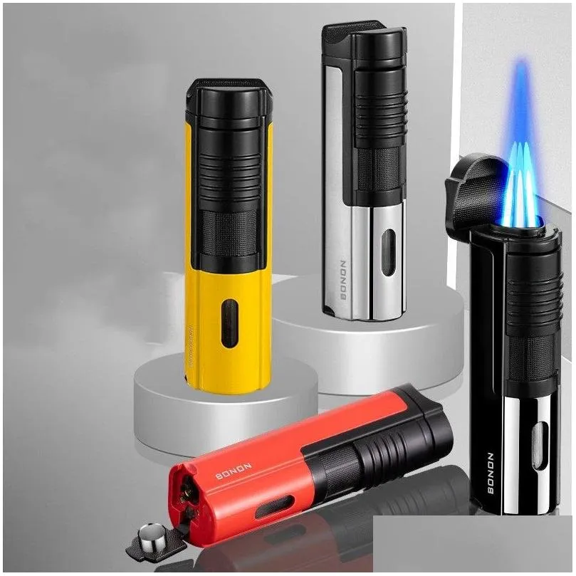  gas lighter torch windproof metal visible gas window turbo butane 3 flame multifunction with cigar cutter lighters smoking