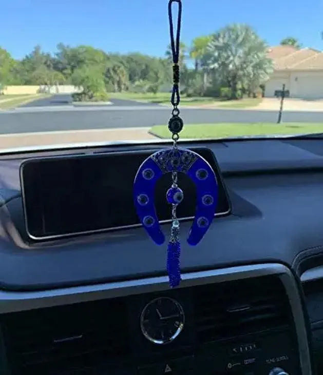 3ml lucky blue horseshoe hanging ornament w/crystal evil eye and bead tassel protection blessing strength power home/office decoration car ornaments for rear view mirror