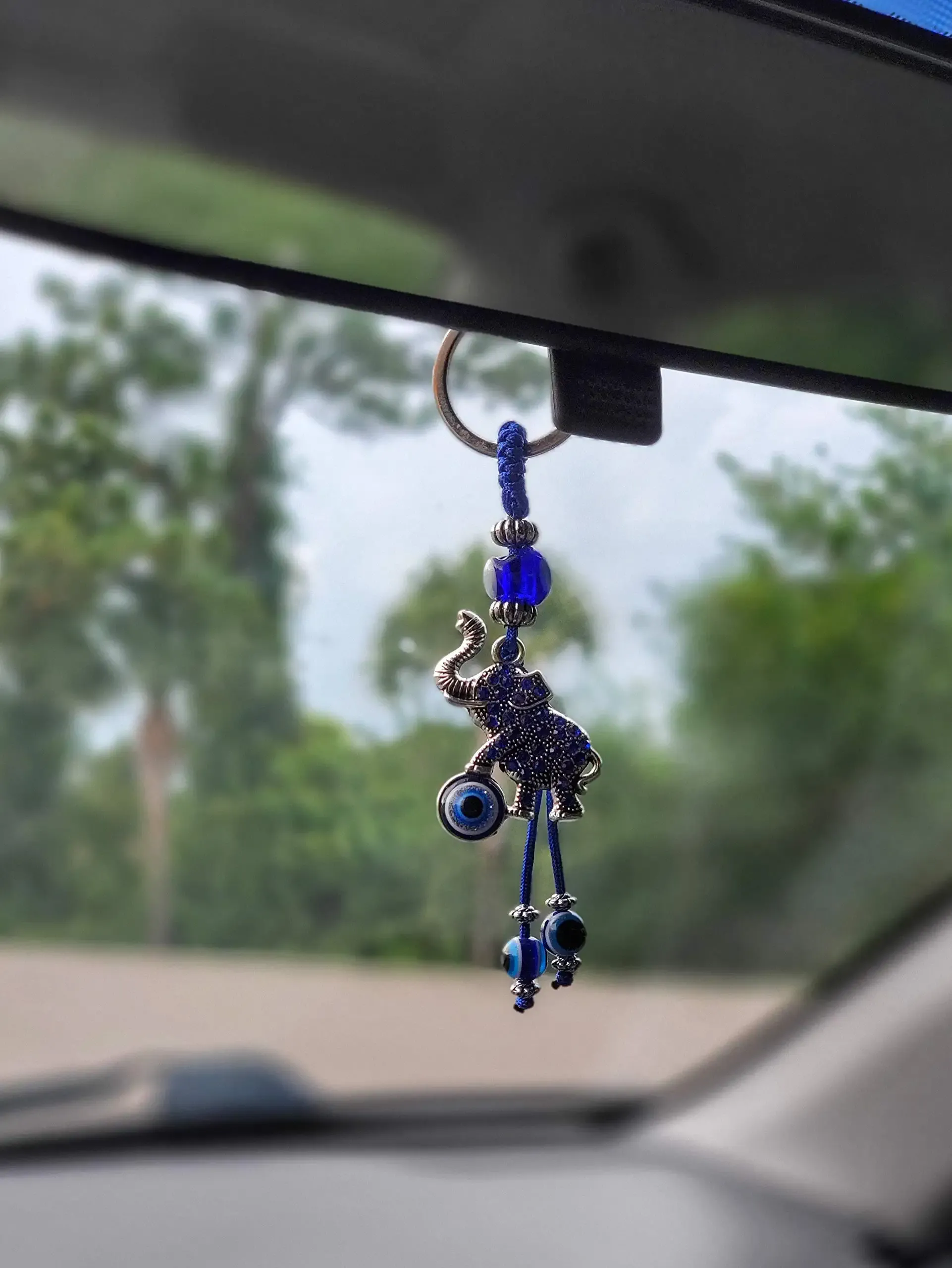 3ml lucky evil eye car hanging ornament keychain silver elephant w/blue crystal rhinestones blue white black resin evil eyes beads rear view mirror accessories gifts