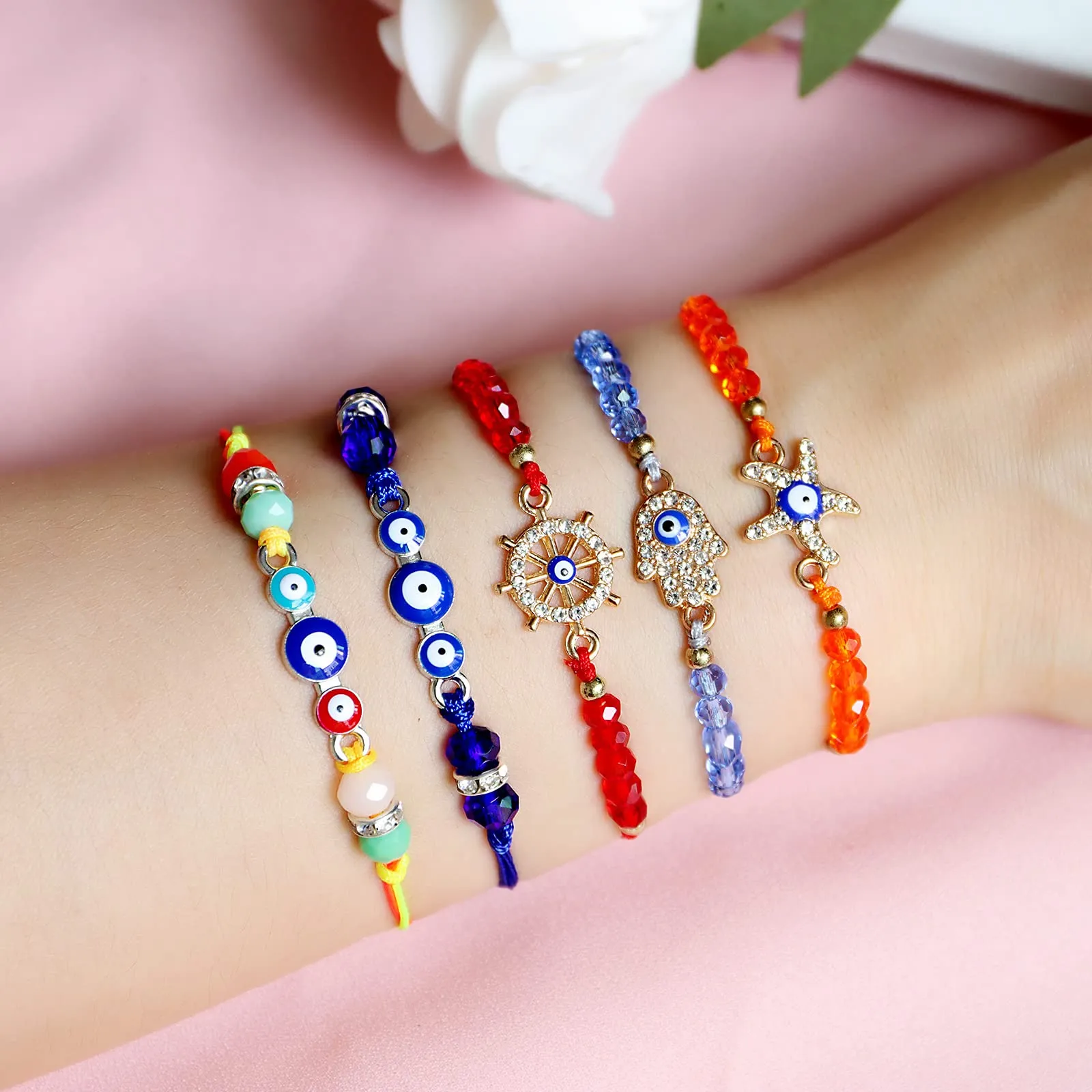 evil eye bracelets pack for women girls boys - adjustable mexican bracelets with blue red black string knot - handmade bracelets with beads