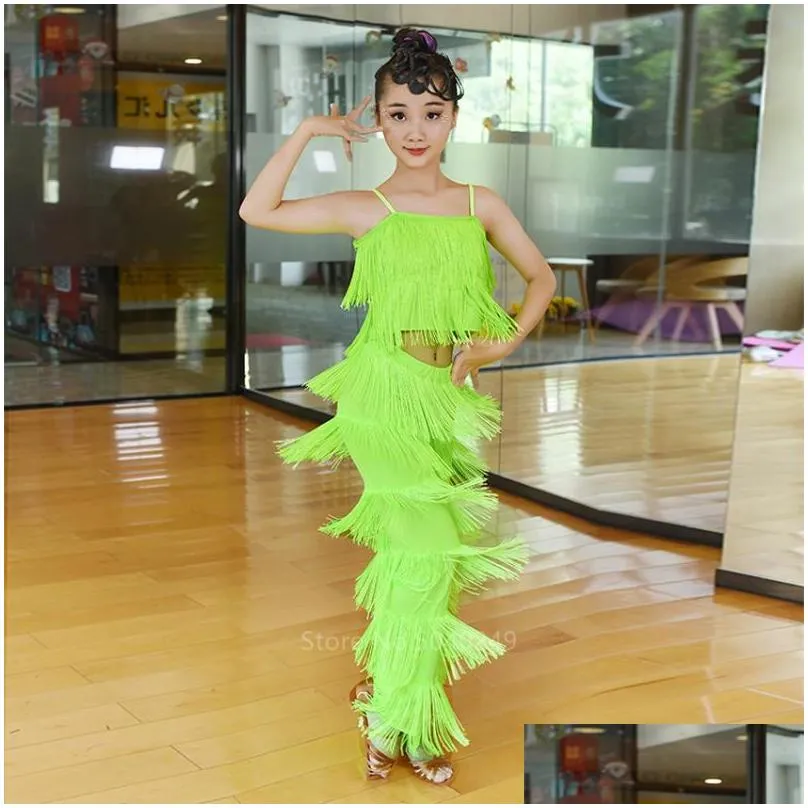 stage wear latin dance dresses ballroom fringe tassel dress pants sequin salsa samba costume kids children girls height 110 170cm