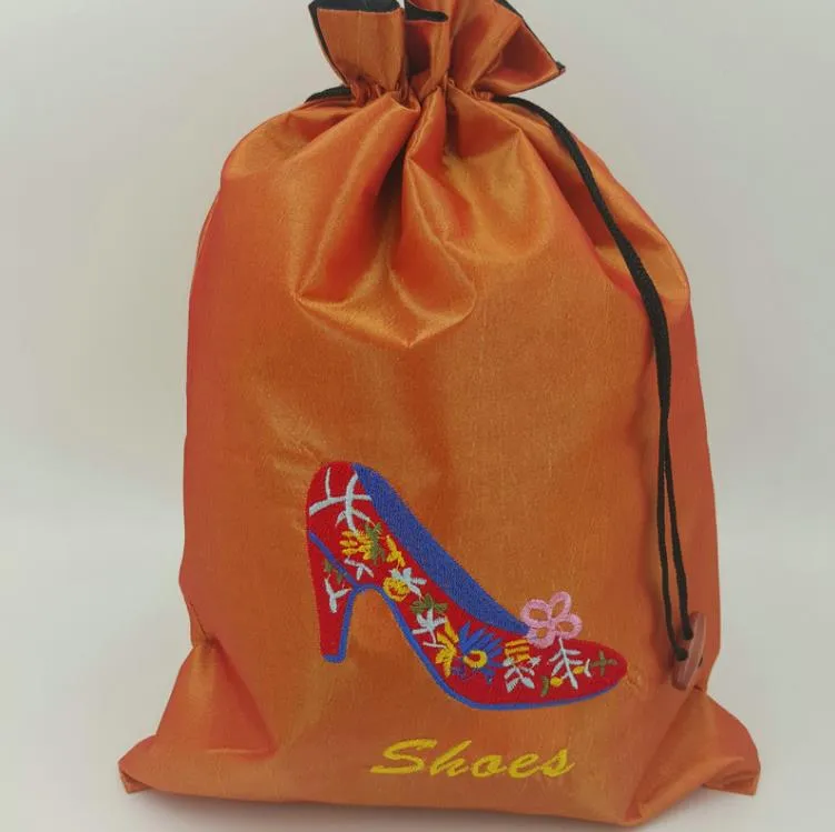 Big Embroidery High heels Shoe Pouch Bags for Travel Shoe Storage Bag Portable Chinese Silk Drawstring Women-Shoe dust-Bags with lined SN4874