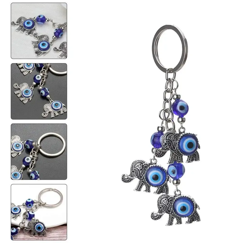 3ml lucky evil eye keychain car hanging ornament silver elephant with blue eye pendant black resin evil eyes beads key chain for rear view mirror accessories backpack purse charms 12x3cm