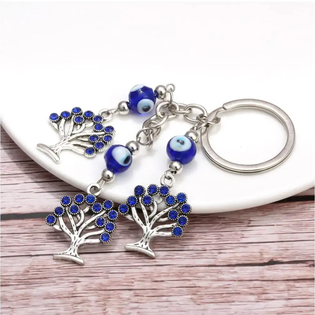 3ml blue evil eye keychains turkish eye beads life tree charm car keyring handbag decorations charm pendant for birthday gift kids girls women