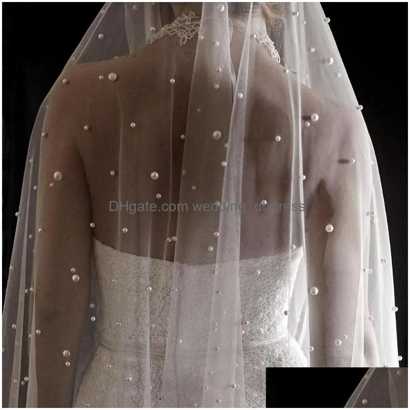 bridal veils long wedding veil with pearls one layer cathedral bride comb beaded for white ivory accessories