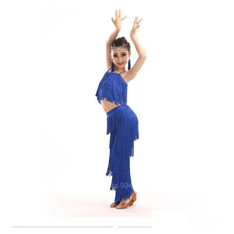 stage wear latin dance dresses ballroom fringe tassel dress pants sequin salsa samba costume kids children girls height 110 170cm