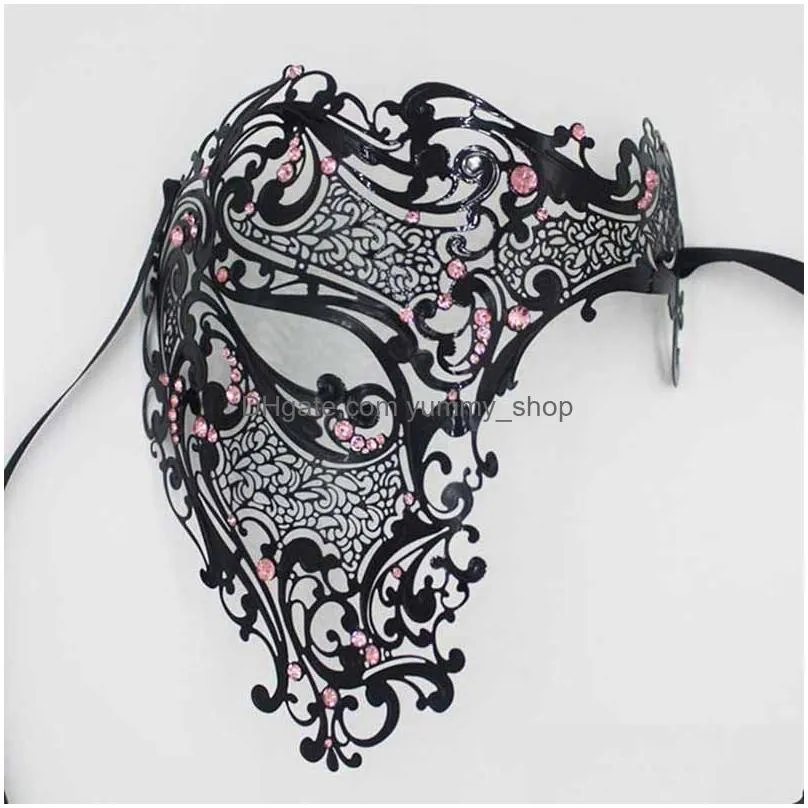 party masks fashion cosplay halloween mask black silver rhinestone phantom metal filigree venetian party mask gold red half face mask