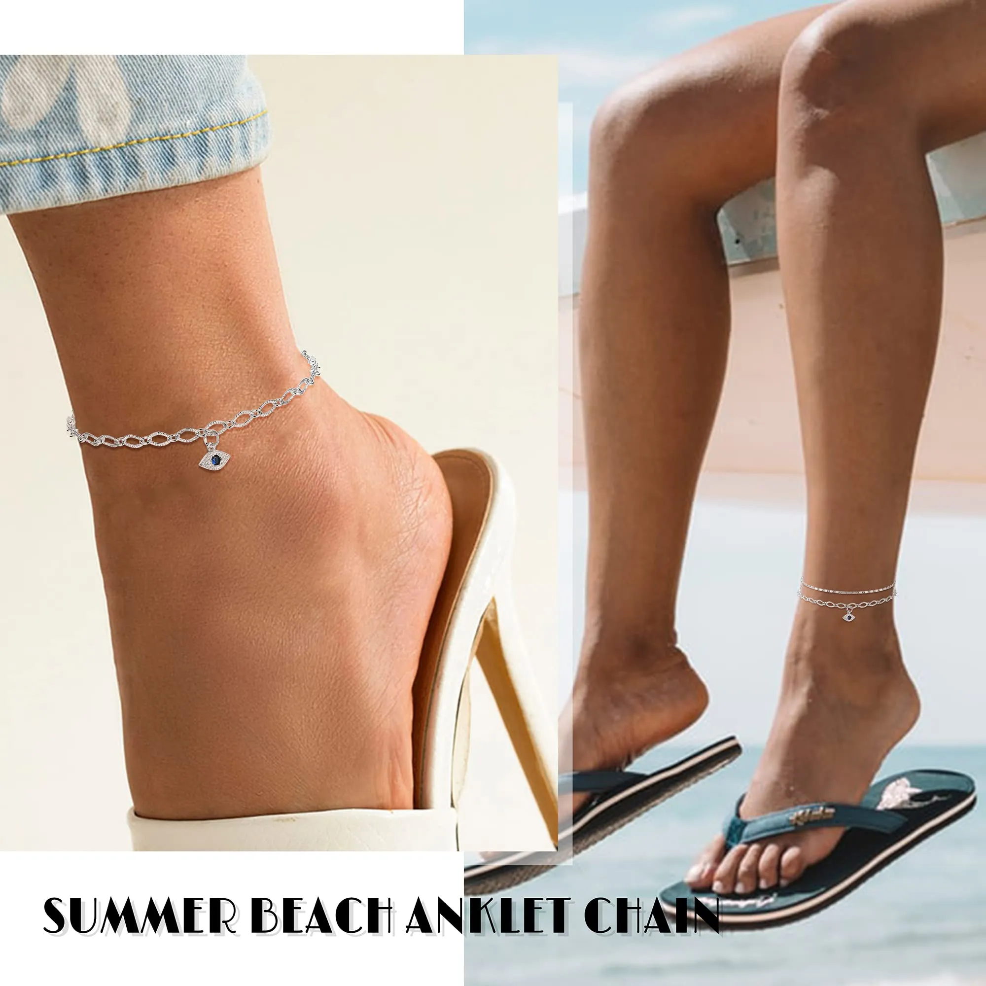 helicopchain ankle bracelets for women girls 14k gold plated layered anklet set evil eye foot chain cubic zirconia adjustable summer beach anklet jewelry