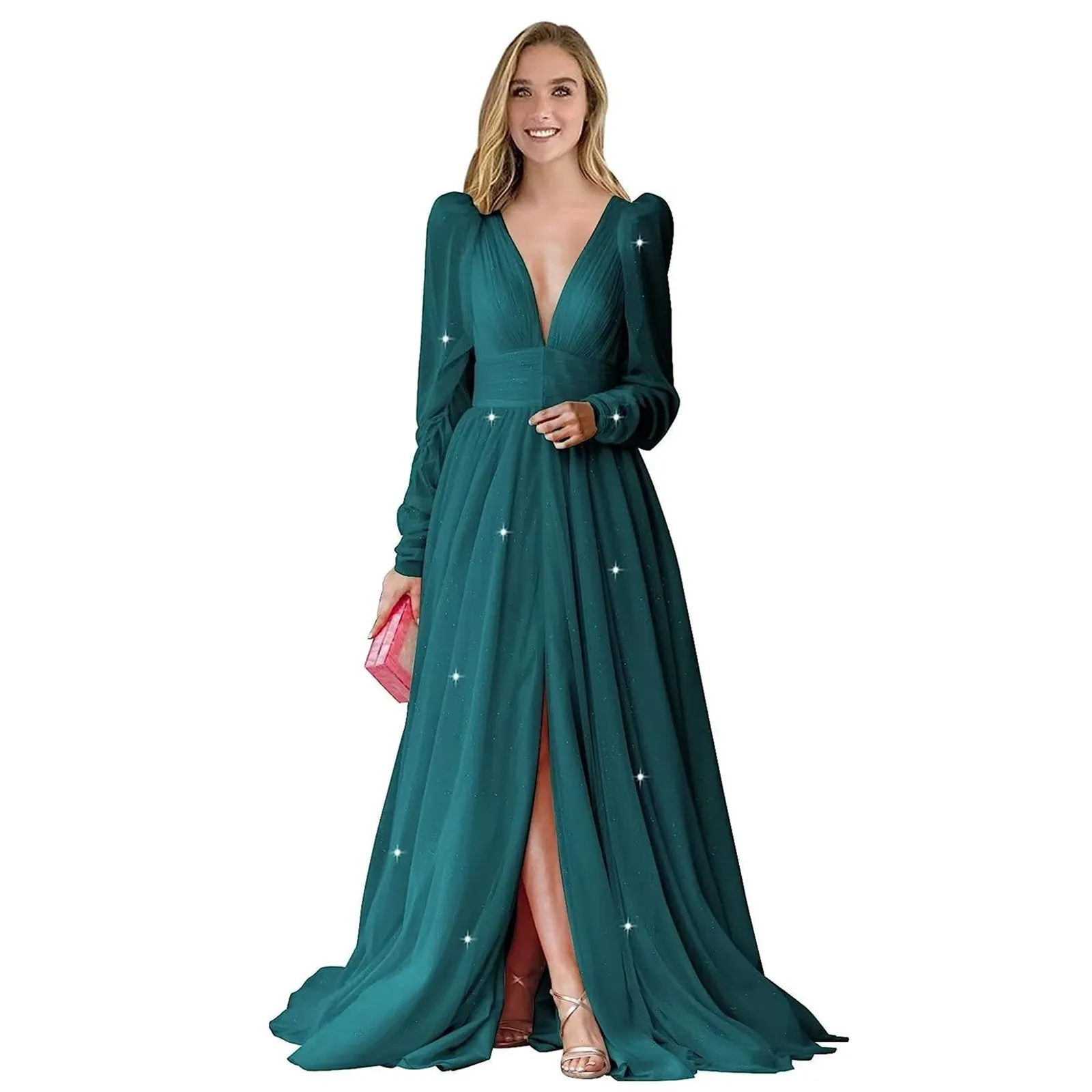 Elegant Solid Evening Dresses Party Dresses for Women Sexy V Neck Puff Long Sleeve Prom Dresses Deep V Neck High Split Dresses