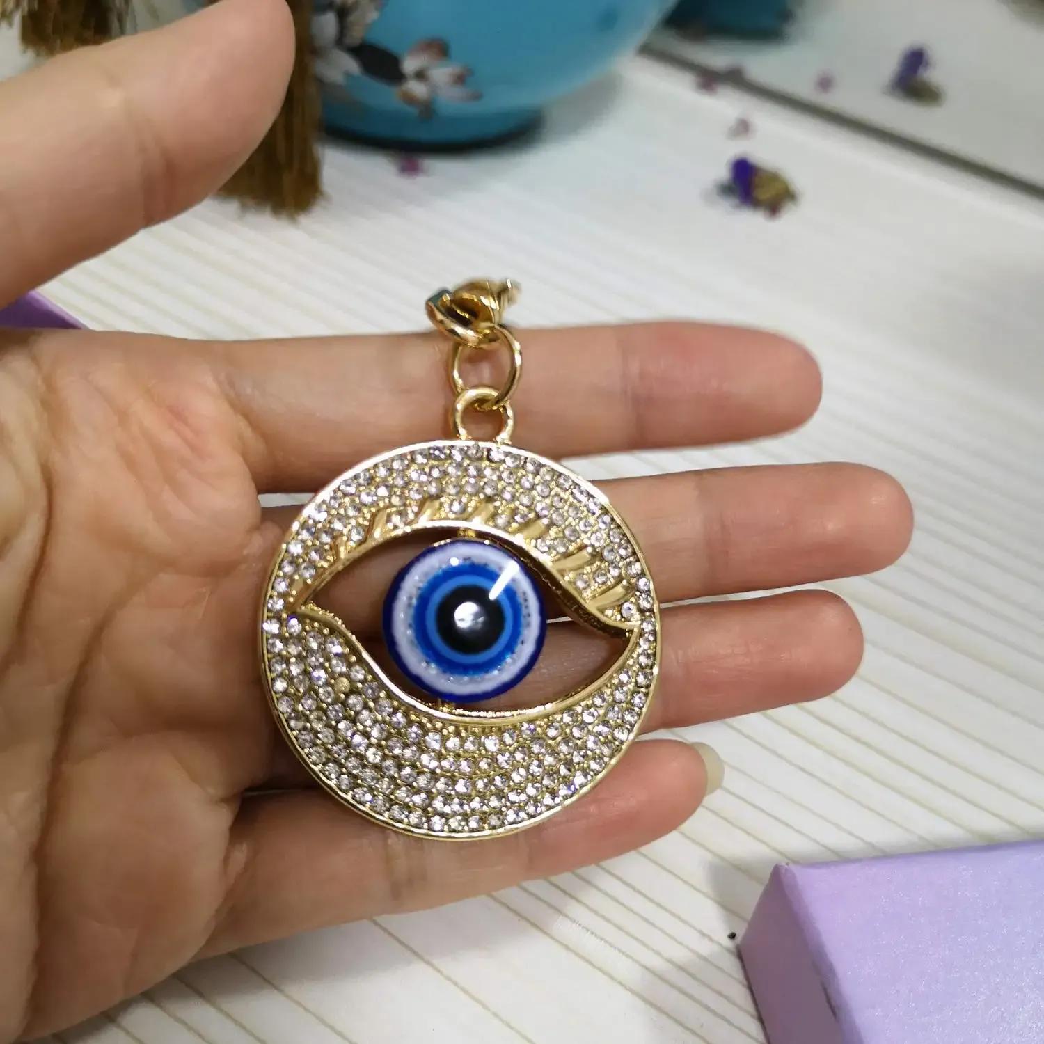 3ml blue evil eye key ring chain handbag purse hanging charms with carabiner clip car rearview mirror ornament birthday gift decoration key ring fob pendant jewelry with gift box golden