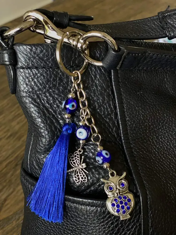 3ml luckboostium lucky dragonfly owl w/blue crystal and blue tassel w/evil eye bead keychain sign of good fortune and blessing home bags car rear view mirror hanging accessories 2 x 5.5